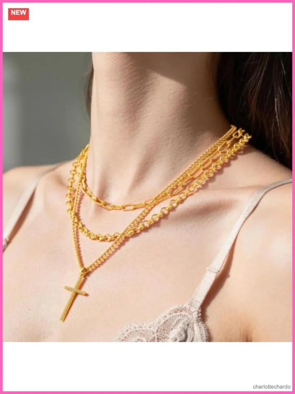 14K Gold Plated Layered Cross Pendant Necklace Set 3 Pc Paperclip Cuban Link